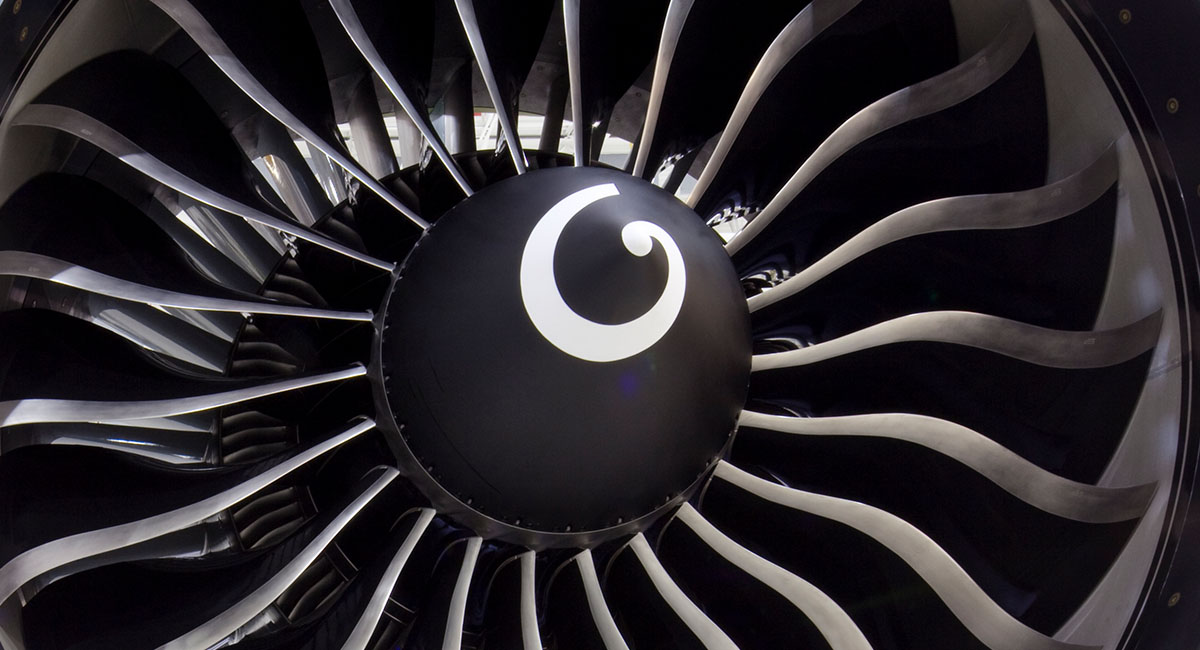 GE Aerospace-ის თვითმფრინავის ძრავის წინა ნაწილი და ფრთები